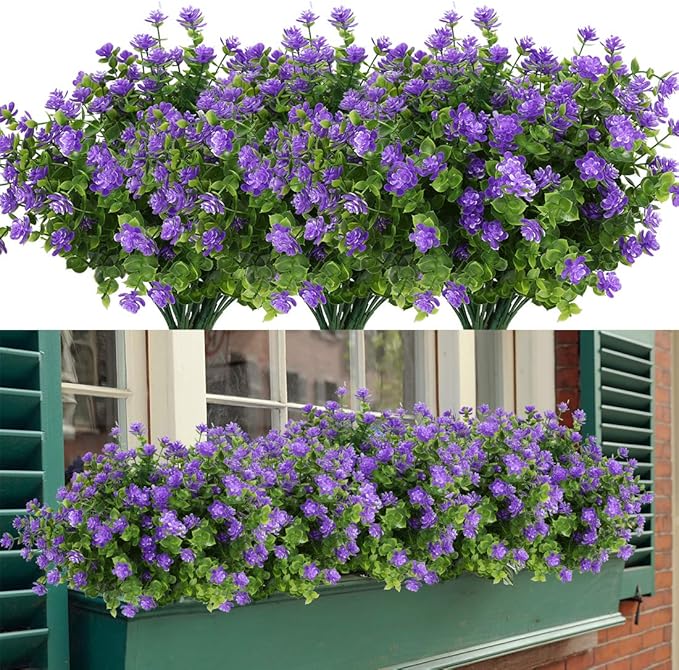 20 Bundles Artificial Flowers, Fake Artificial Greenery UV Resistant No Fade Faux Plastic Plants for Wedding Bridle Bouquet Indoor Outdoor Home Garden Kitchen Office Table Vase (Purple)