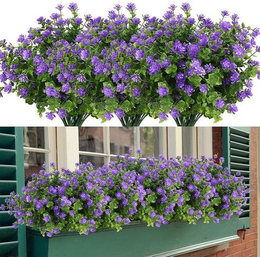8 Bundles Artificial Flowers, Fake Artificial Greenery UV Resistant No Fade Faux Plastic Plants for Wedding Bridle Bouquet Indoor Outdoor Home Garden Kitchen Office Table Vase (Purple)