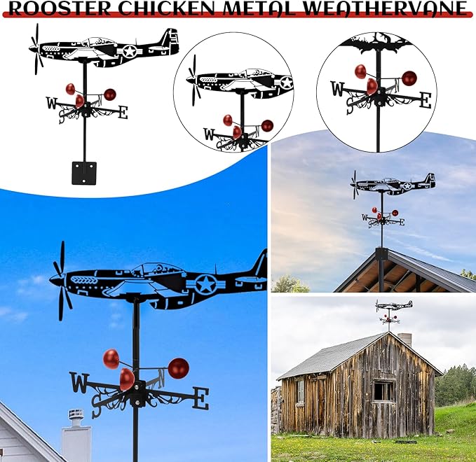 3D Fighter Weathervane Metal Wind Vane Weathercock,Roof Mount Weather Vane for Garden Farmhouse Yard Chicken Coop Patio Outdoor Decoration