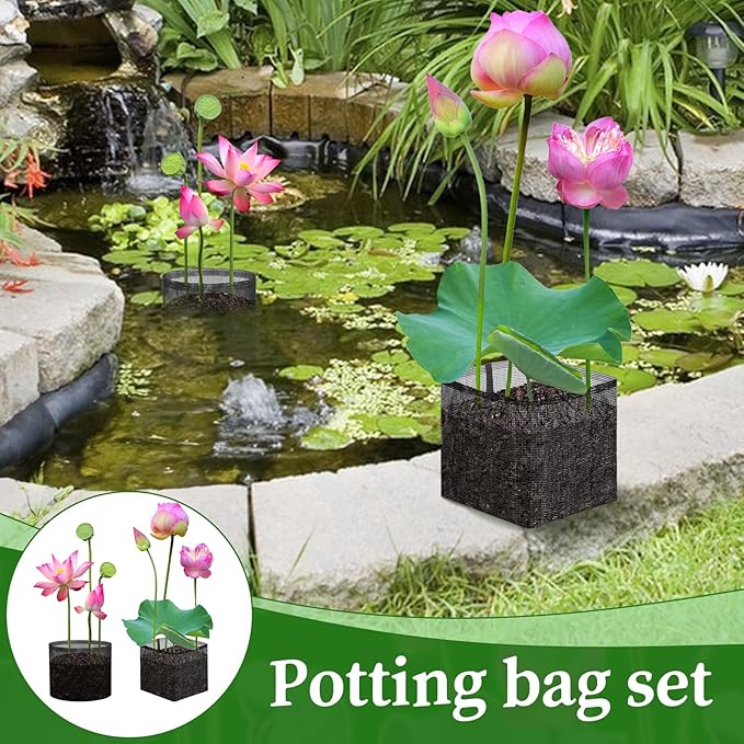 6 Pcs Aquatic Planting Bags, 3 Round and 3 Square 7.1" Reusable Mesh Water Gardens Plant Pots, Aquatic Plants Growing Container with Handles, Breathable Lily Pots for Bog and Terrestrial Plants