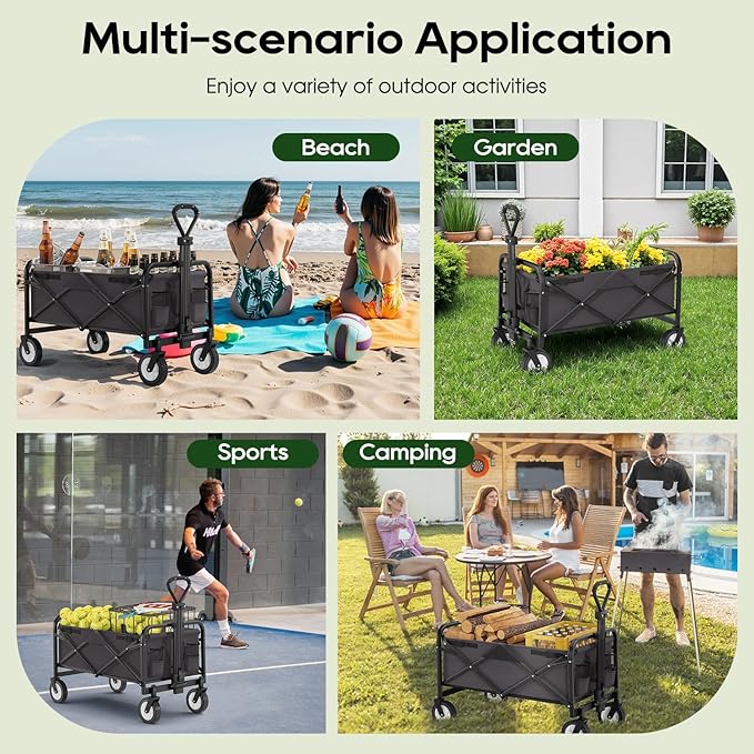 PayLessHere | Collapsible Wagon Cart with Wheels | Gray | Heavy Duty Foldable Utility Cart with 330 lb Capacity | with All-Terrain Wheels & Adjustable Handle for Outdoor, Garden, Beach, Shopping