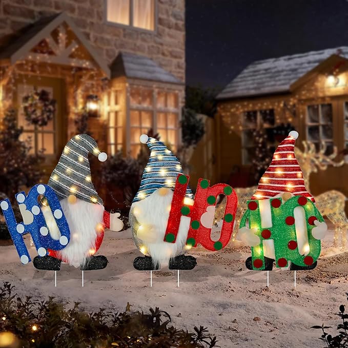 Lighted Christmas Gnome Outdoor Stakes 3D Glittered Gnomes with HOHOHO Lighted Up Yard Stakes Outdoor Christmas Decoration for Lawn Yard Garden