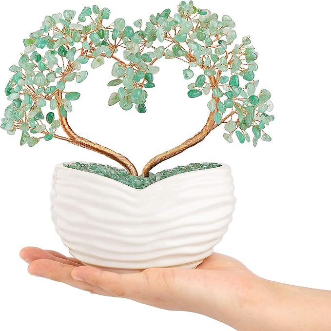 Jovivi Green Aventurine Gemstone Heart Money Tree Feng Shui Bonsai for Reiki Healing Chakra Stone Balancing Energy Generator Spiritual Meditation Home Interior Office Decor 7.87"-8.26"