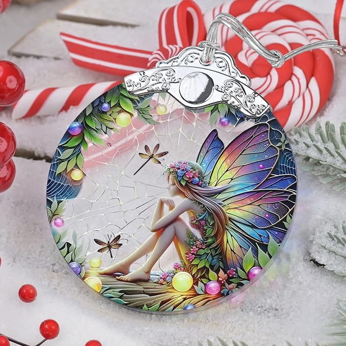 Fairy Ornament - Stained Glass Hanging Decor - Christmas Tree Decor - Gift for Friends & Sisters