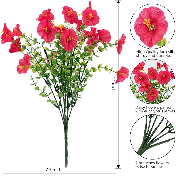 Artificial Flowers for Outdoor Indoor Garden Home Decoration, Faux Flower Daisy with Eucalyptus Leaves Fake Plants Greenery Boxwood Porch Patio, 12 Bundles
