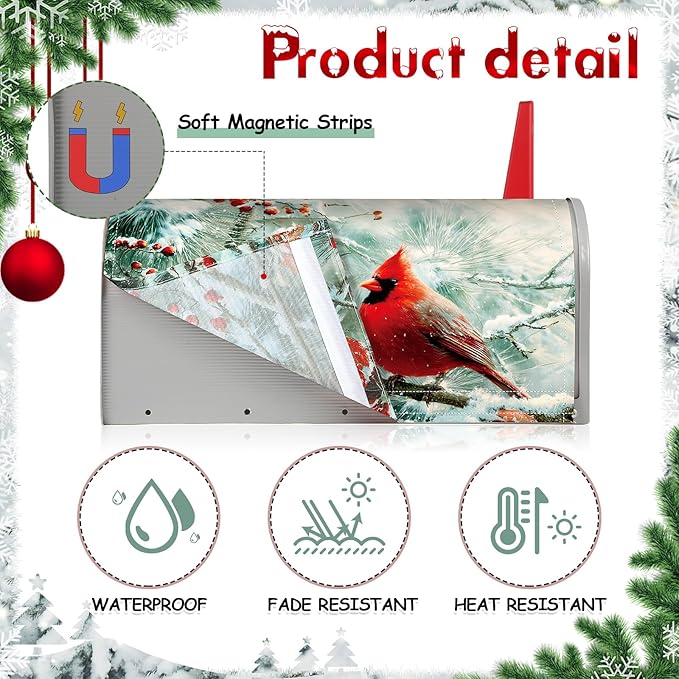 Blosssound Christmas Mailbox Cover Magnetic Standard Size 21 x 19 Inch, Winter Mailbox Cover Xmas Tree Decorative Post Letter Box Decor for Garden Yard Outdoor (Cardinal)