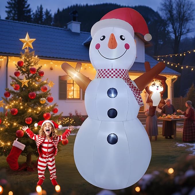 12ft Giant Snowman Inflatable Decor with Cute Squirrel Christmas Inflatable Yard Decor Build-in LED Outdoor Blow up Holiday Decorations for Yard/Lawn/Garden