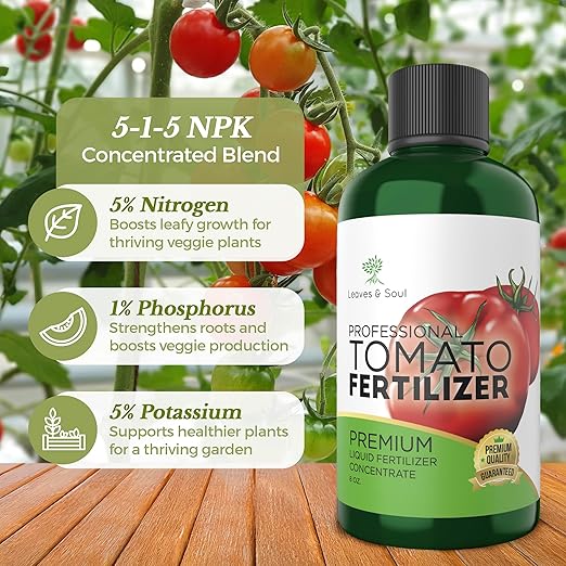 LEAVES AND SOUL Professional Liquid Tomato Fertilizer | 5-1-5 Concentrate, Liquid Plant Fertilizer for Garden, Healthy Produce, Good Harvest, Multi-Purpose Blend & Gardening Supplies | 8 oz