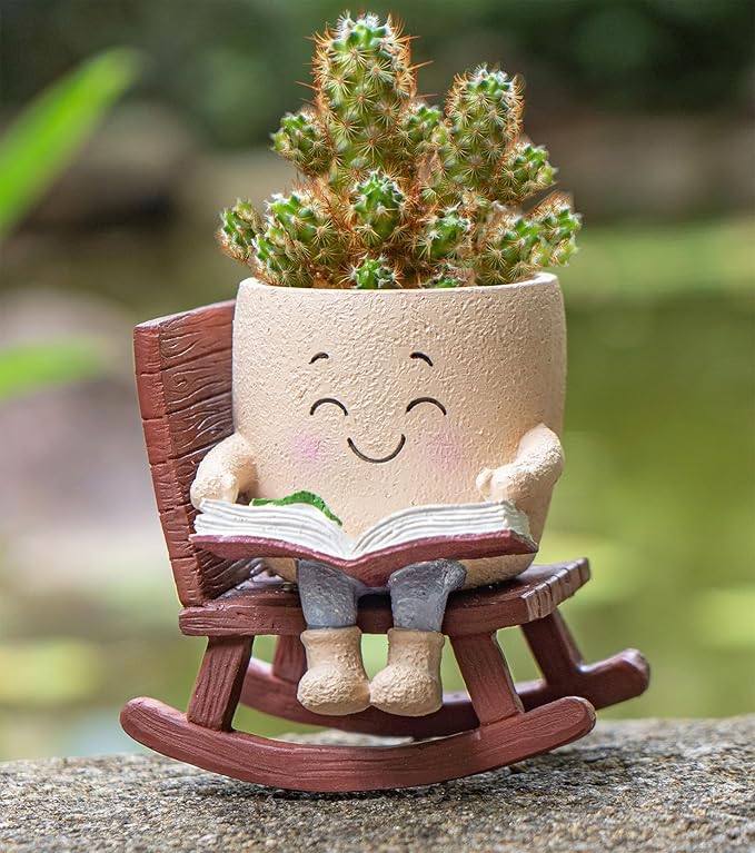 Rocking Chair Smiley Face Planter with Drainage Hole, Cute Plant Pots for Indoor Outdoor Plants,Unique Flower Pot for Succulents, Gift for Mother's Day, Birthday, Christmas