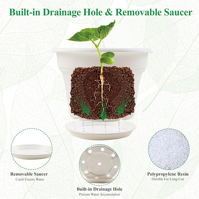 11 Inch Plastic-Flower-Pot-for-Indoor-Plants, 4 Pack Large Outdoor Planter Pot with Drainage Holes & Saucers, Resin Decorative Garden Pots Planters
