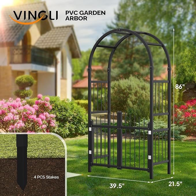 VINGLI Garden Arbor with Gate, PVC Wedding Arch for Ceremony Party, Trellis for Climbing Plants Outdoor for Backyard, Lawn (Black)