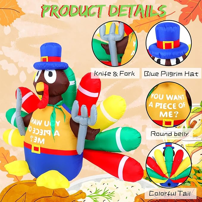 Thanksgiving Inflatable Turkey Decorations -5FT LED Light Up Pilgrim Hat & Colorful Tail -Holding Knife and Fork Turkey Blow up Yard Decor Outdoor Indoor Lawn Garden Home Autumn Holiday Harvest