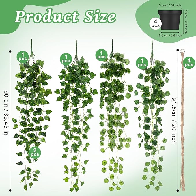 Folmywy 4 Pack Artificial Hanging Plants Vines with Pot Fake Vine Potted Plant Mixed Greenery Leaves Plant Theme Classroom Decoration for Indoor Outdoor Living Room Office Shelf