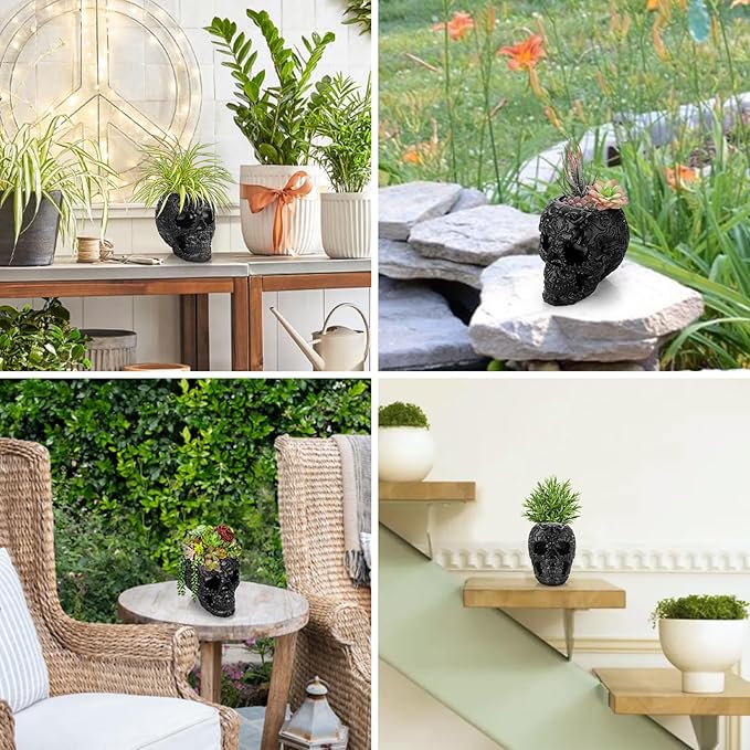 OwnMy Resin Skull Planter for Indoor Plants, Black Skull Flower Succulent Pot with Drainage Holes, Halloween Skulls Head Planter Decorative Small Succulents Planters Pot for Tabletop