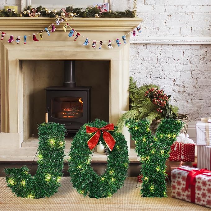 3 Piece Outdoor Joy Christmas Decoration, Lighted Joy Yard Signs Yard Lights Display Set for Christmas Outdoor Patio Lawn Green Decor