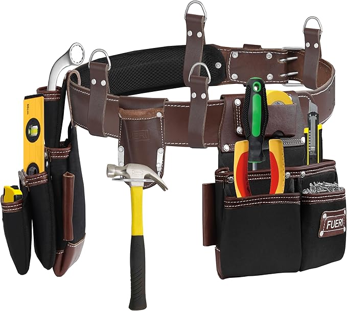 FUERI Tool Belt Men Heavy Duty Nylon Leather Tools Belts Carpenter Bags Electrician Pouches Organizer for Construction Framing (Black & Brown, 30 to 52 Inches Waist)