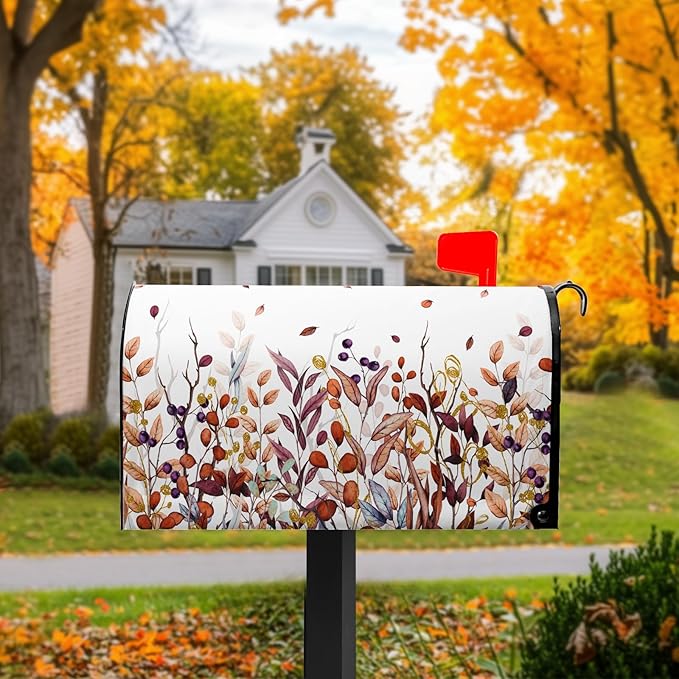 Orange Eucalyptus Mail Box Cover Fall Mailbox Covers Magnetic Standard Size 21x18 inch Autumn Eucalyptus Leaf Mailbox Wraps Home Decor Outdoor Yard Decoration for Garden