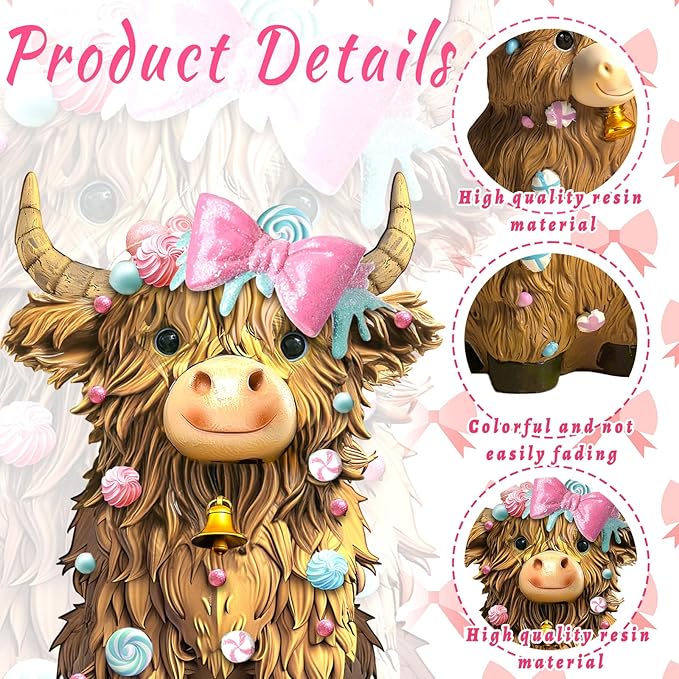 2 Pack Christmas Highland Cow Resin Figurine Decor Macarons Candy Theme Highland Cow Gnomes with Candy Christmas Resin Statue for Garden Table Shelf Kitchen Home Decor Calf Gnome Herd Gifts