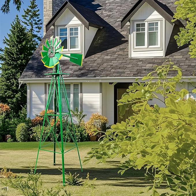 Outvita 8FT Ornamental Windmill, Heavy Duty Durable Metal Weather Vane Garden Decoration Weather Resistant for Garden, Yard, Farm, Seaside (8ft-Green)