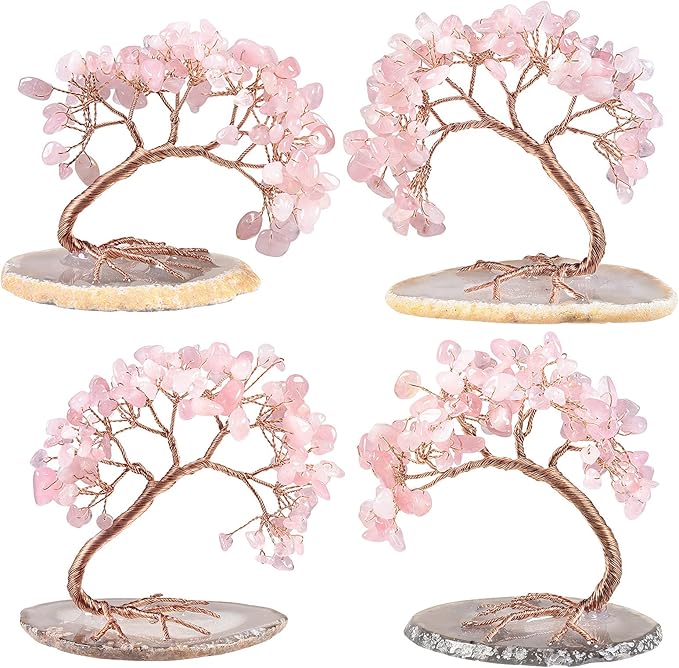 mookaitedecor Natural Rose Quartz Crystal Money Tree Agate Slice Base Feng Shui Bonsai Crystal Tree for Wealth Luck Desk Decor, 3-4 Inch High
