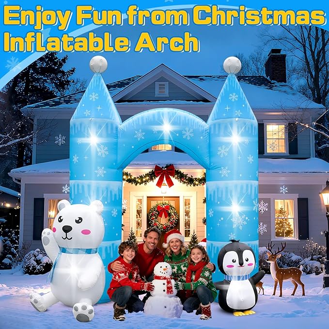10FT Christmas Penguin Polar Bear Inflatable Arch Outdoor Decoration Snowflake Castle Blow Up Yard Decorations with 7 Lights Giant Inflation for Xmas Archway Indoor Lawn Garden Holiday Winter Party