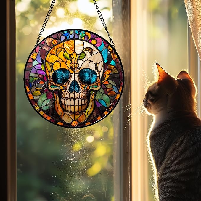 Stained Glass Window Hanging Halloween Retro European Colorful Skull Large 11.8" - Suncatcher Door Garden Sun Catcher Gothic Decor Birthday Horror Funny Gift for Mom Woman Nana Friend Men