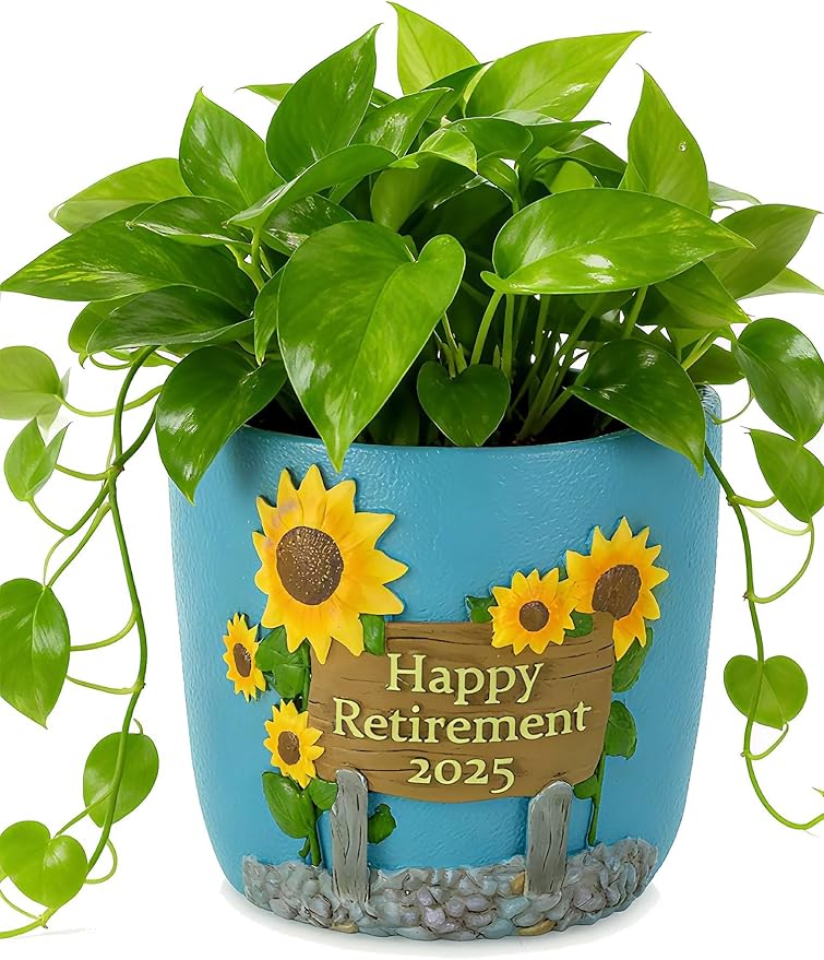 Plant Pot Retirement Gift for Woman - Happy Retirement 2025 - Hand-Painted Flower Pot for Unique Retired Gifts or Retirement Party Decorations - Succulent Planter with Drainage 5.3 inch