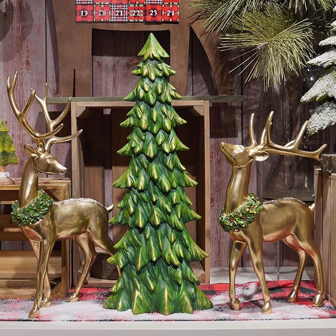 Newman House Studio Standing Reindeer Tree Figurine Christmas-Decor - 3PC Large Christmas Reindeer Decor Indoor Gold Resin Deer with Tree Statue White Farmhouse Decor 10.75 * 7 * 20.25 inch