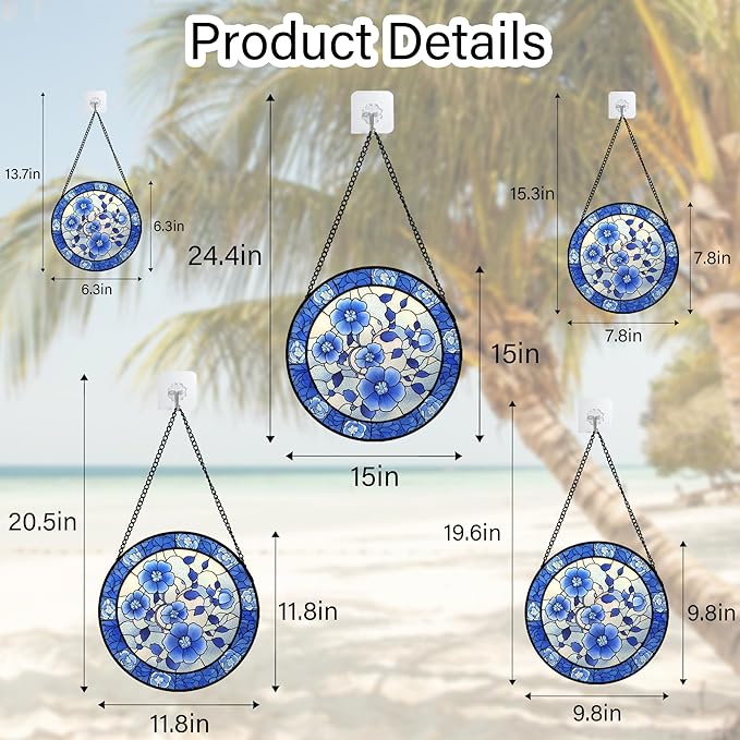 Stained Glass Window Hanging, Blue and White Plum Blossom Sun Catcher for Door Home Decor Flowers Suncatcher Christmas Mother's Day Birthday Gifts for Women Men Mom and Nana 7.8 in