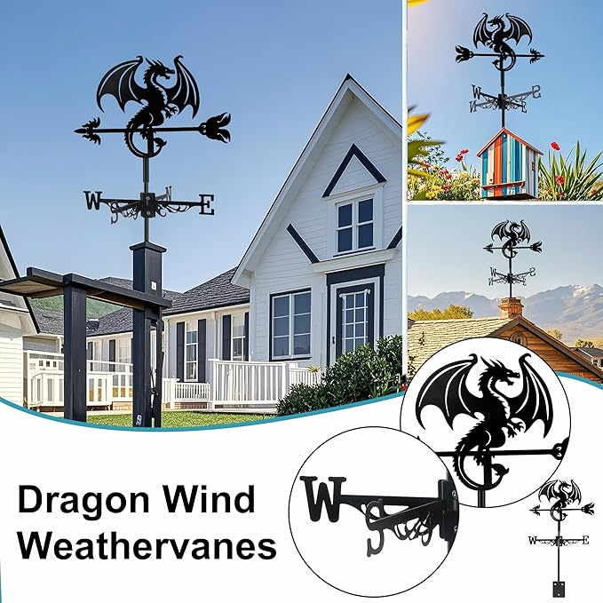 Dragon Wind Weathervanes Metal Weather Vane for Roof Mount Wind Direction Indicator Outdoor Weather Vanes Yard Patio Wind Vanes for Outside Yard Farm Garden Patio Decoration
