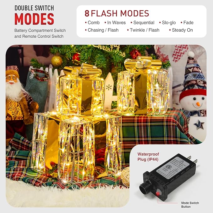 Set of 3 Christmas Lighted Gift Boxes,Outdoor Indoor Christmas Decorations,Plug-in 65 LED Light Up Present Boxes for Christmas Trees Indoor Outdoor Home Yard Lawn Holiday Birthday Party Decor