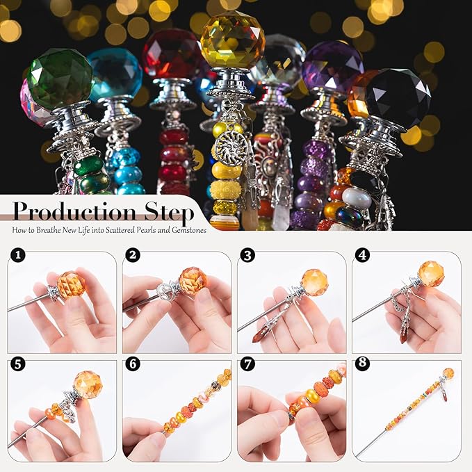 DIY Beaded Garden Stakes, Fairy Wand Garden Stake Decorative Kit with Healing Crystal Pendant, Sun Wheel Accessories,12 in Rod, Crystal Top, Large Holes Bead for Holidays Outdoor&Indoor Decorative