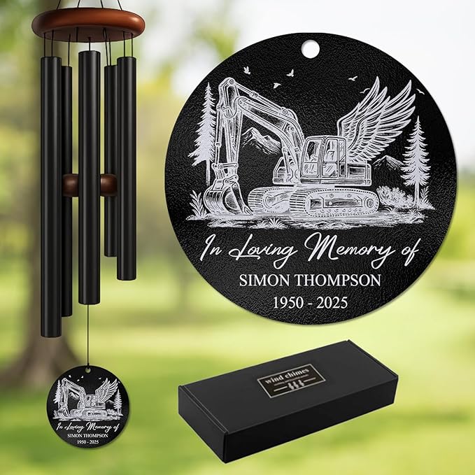 Personalized Excavator Memorial Wind Chime – “in Loving Memory” Custom Engraved Name & Years – Construction Worker Sympathy Gift – Memorial Windchime for Loss of Loved One – Tribute Garden Décor