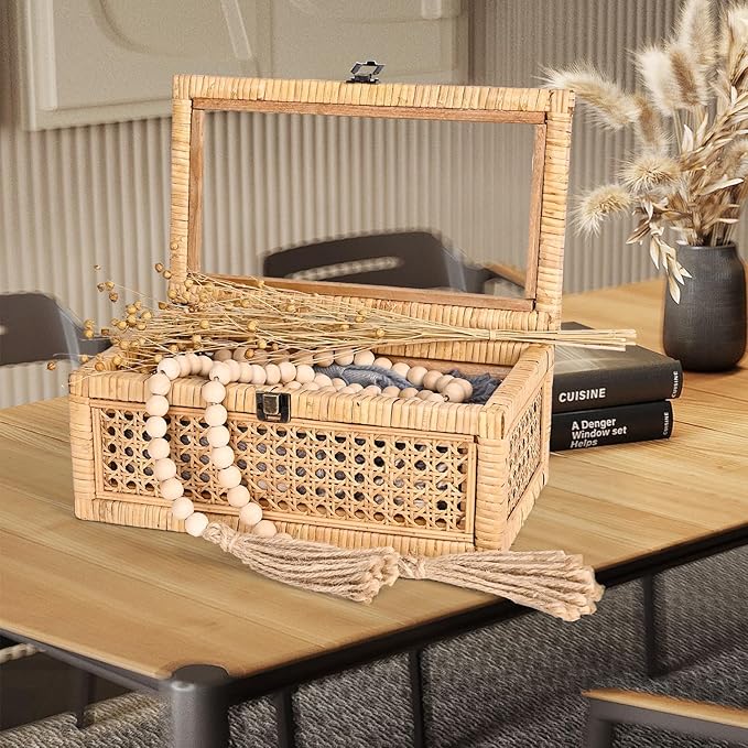 Rattan Decorative Box with Lid, Rectangular Woven with Glass for Display, Set of 2 Wicker for Decor