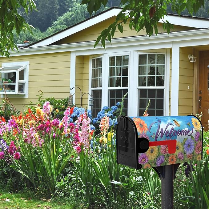 Summer Mailbox Covers Magnetic Oversized Flower Daisy Butterfly Mailbox Wraps Gerbera Welcome Fall Mailbox Post Cover Colorful Floral Mailbox Decor for Garden Yard Large Size 25.5 x 21 Inch