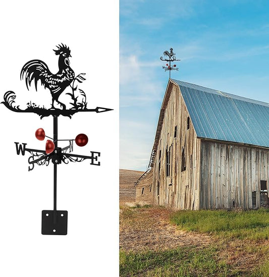 Metal Rooster Shape Weathervane, Wind Direction Indicator, Roof Mount Weather Vane, Outdoor Scene Garden Chicken Weather Vane Ornament for for Shed Farmhouse Yard Patio Decor