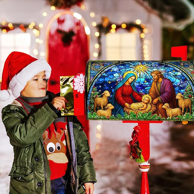 Blosssound Christmas Magnetic Mailbox Cover Standard Size 21 X18 Inch Xmas Windows Nativity Scene Mailbox Covers Decor Retro Religious Christmas Post Box Garden Yard Outdoor Decoration