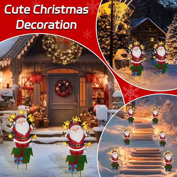 Christmas Outdoor Yard Signs Decorations, LED Solar Metal Garden Stake Lights with Joy for Patio Lawn Christmas Decor (Santa Claus)