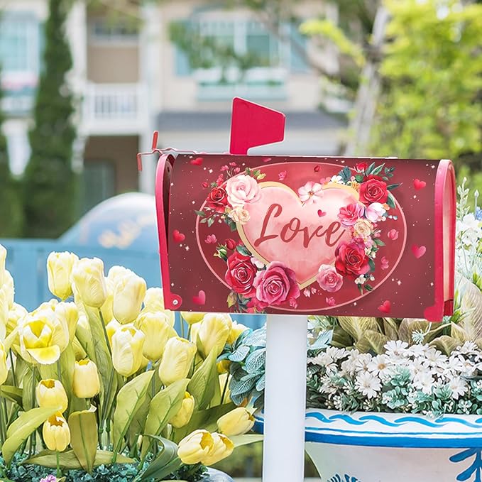 Valentine's Day Mailbox Covers Magnetic Standard Size 18 X 25.5 Inch Red Love Hearts Magnetic Mailbox Cover Floral Mailbox Wraps Post Box Cover Decoration Outdoor Garden Home Yard Outside