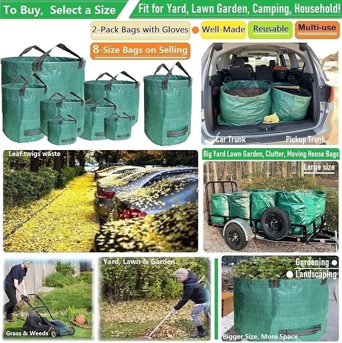 Professional 2-Pack 106 Gallon Yard Lawn Garden Bags Large (D31, H31 in) Yard Waste Bags with Gardening Gloves, Big Leaf Bag,Lawn Debris Bags,Garden Trash Container,Grass Clippings,Weeds Bag 4 Handles