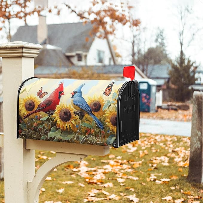 Sunflower Birds Mailbox Cover Magnetic 25.5x21 Inch Large Size Spring Summer Floral Butterfly Waterproof Mailbox Wrap Post Cover for Outdoor Outside Garden Yard Seasonal Decor