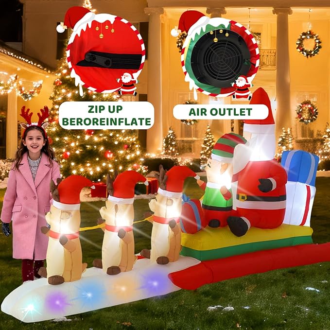 10FT Three Elks Pulling Santa Claus on a Sleigh Christmas Decoration with Built-in LED Lights, Christmas Outdoor Inflatable Decoration for Lawns, Yards, Gardens, and Patios