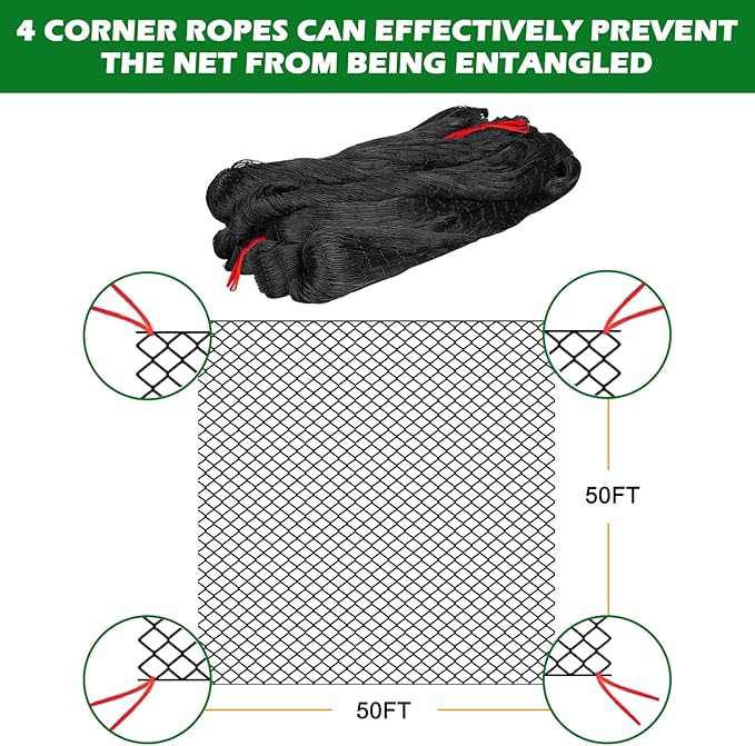 50'x50' with 2" Mesh Bird Netting for Chicken Coop with Bird Scare Tape, Hawk Nettings for Chicken Run, Heavy Duty Poultry Nettings Chicken Netting Roof Deer Net