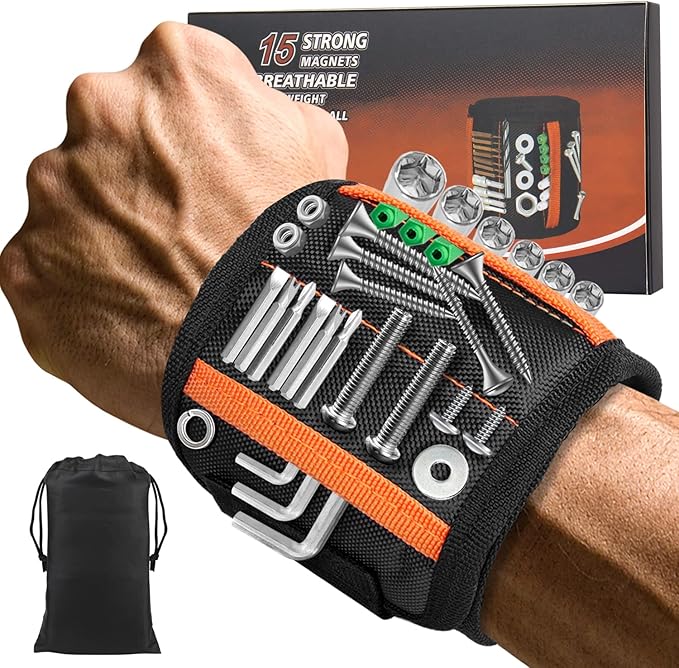 Magnetic Wristband with 15 Strong Magnets for Holding Screws, Nails, Drill Bits, Perfect Tool Gift for Dad, Husband, Handyman or Handywoman, Unique Stocking Stuffers for Men
