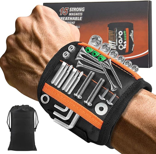 Magnetic Wristband with 15 Strong Magnets for Holding Screws, Nails, Drill Bits, Perfect Tool Gift for Dad, Husband, Handyman or Handywoman, Unique Stocking Stuffers for Men