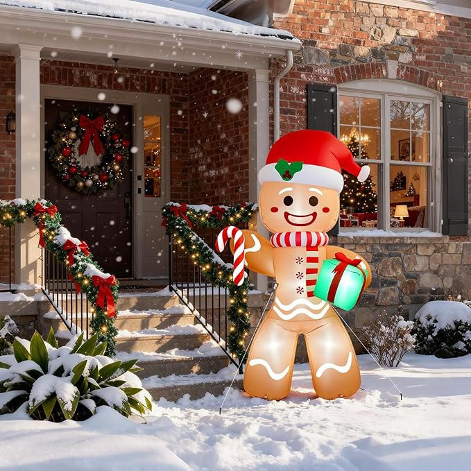 Christmas Inflatable Gingerbread Man, Blow Up Holiday Party Decor with Build-in LED Lights, Waterproof Inflatable Christmas Decorations for Outdoor Roof Yard Lawn Garden Indoor (Brown, 8FT)