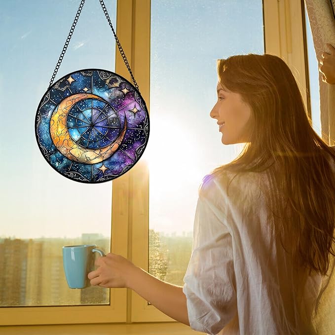 Stained Glass Window Hanging, Blue Starry Sky Moon Astrolabe Suncatcher for Doors Home Sun Catchers Decoration and Christmas, Mother's Day Birthday Gifts for Women, Men, and Mom 6.3 in