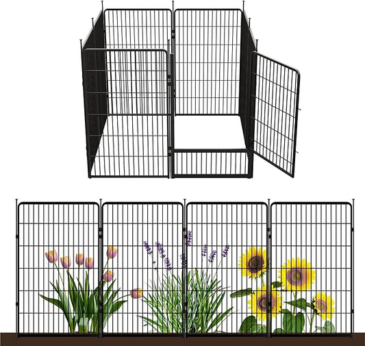 SunsGrove Tall Garden Fence with Gate, 45 in(H) x 17.8 ft(L) 8 Panels Heavy Duty Metal Animal Barrier Fence for Yard, Suitable for Indoor or Outdoor Dog Pet Fence, Garden Fence Border, Black