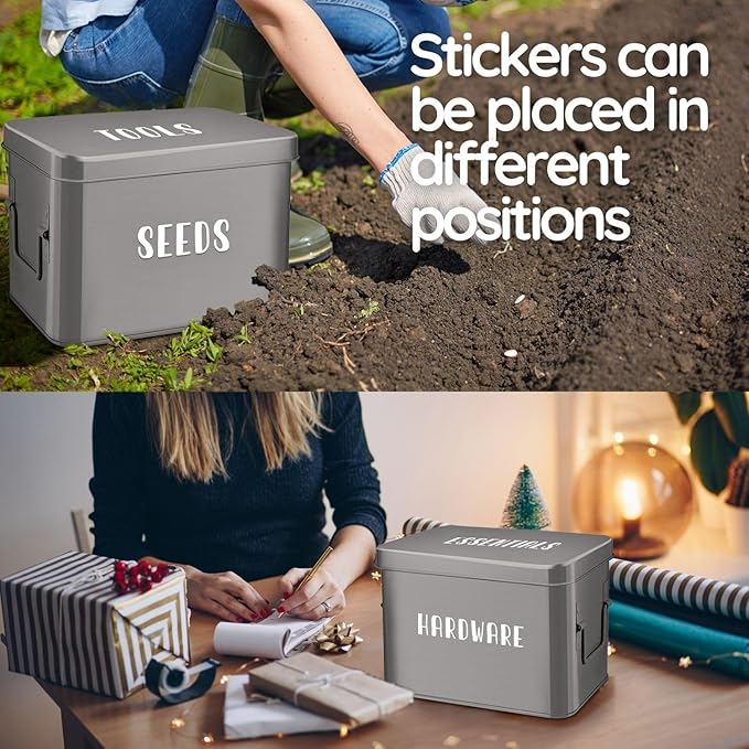 Flexzion Tin Storage Box with Removable Tray, 8 Inch Seed Organizer Box and Metal Seed Holder Organizer with Hinged Lid, Toolbox Container for Crafts, Hardware, Tools, Essentials, Gray
