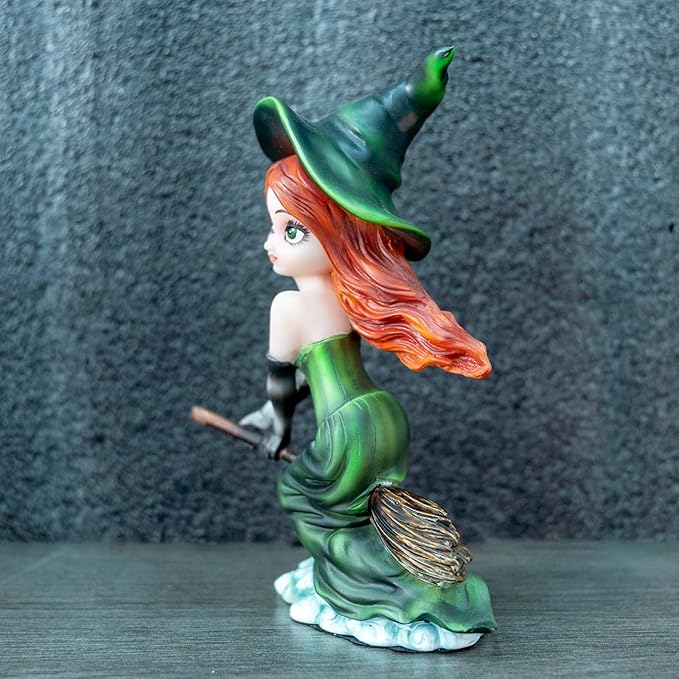 Fairy Figurine Set, Purple and Pink Wings, Green Witch Resin Statue - Riding Broom Flying Style Home Decor Magician Theme Collectibles Christmas/Halloween Party Decoration Gifts